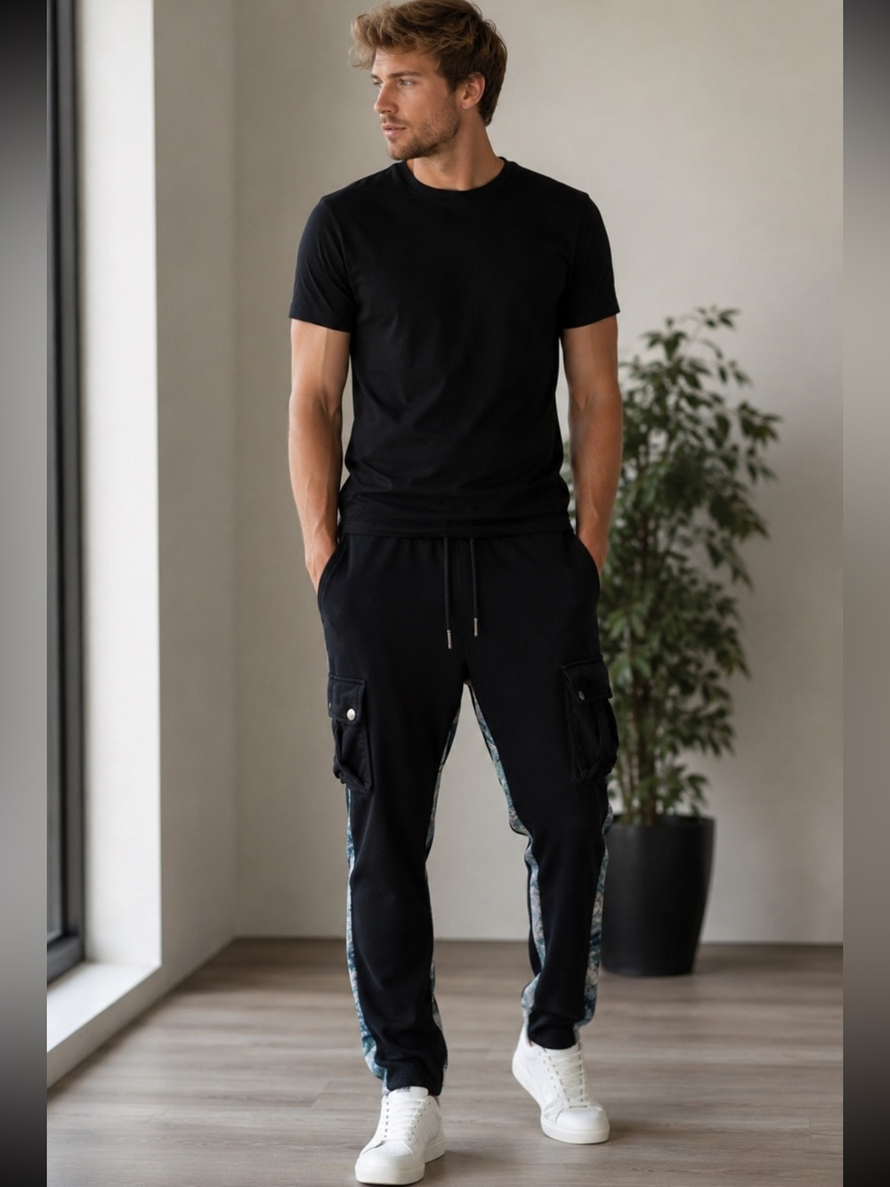 Valabasas Men’s Black Stacked Cargo Sweatpants Drawstring Joggers XL